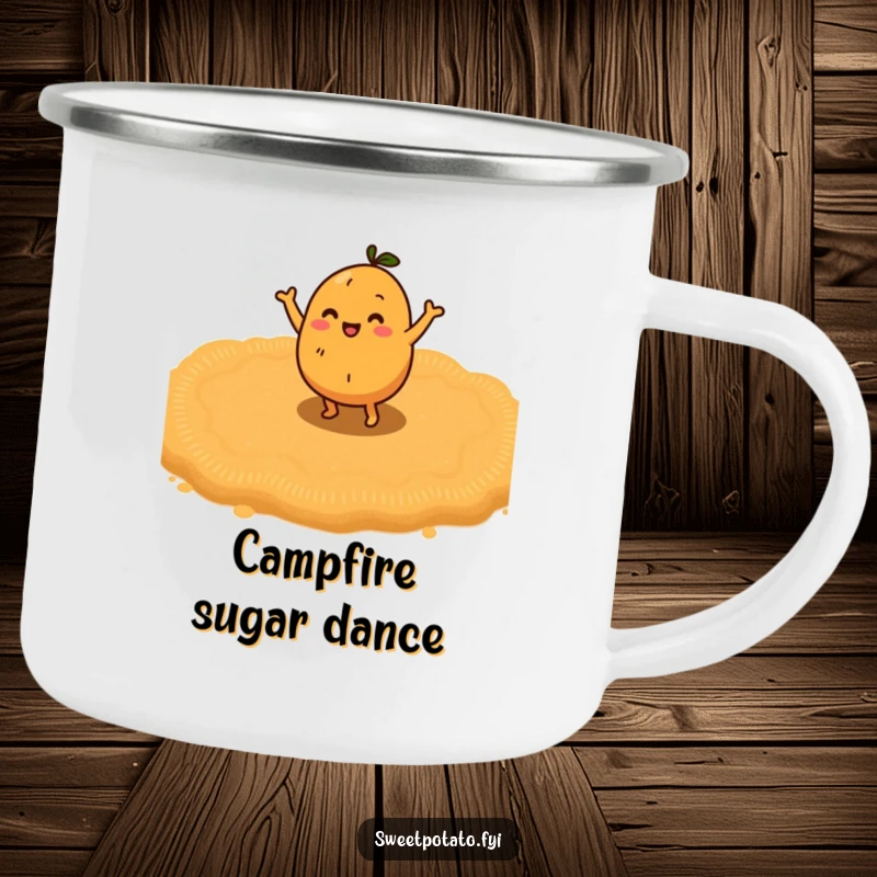Funny sweet potato character doing a happy little dance on a bed of brown sugar, a rugged and funny camping mug.
