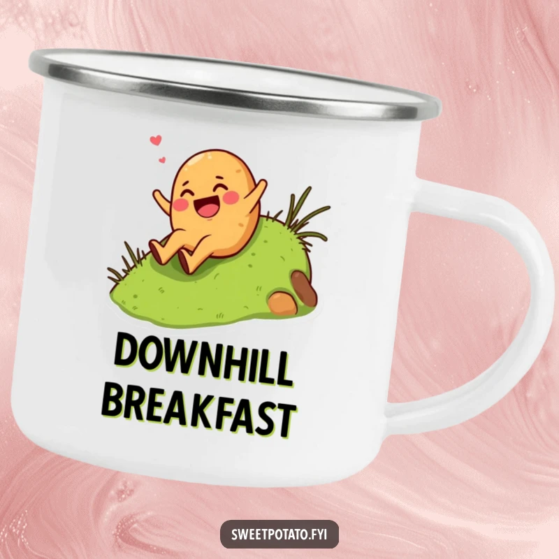 Funny giggling sweet potato character enthusiastically sliding down a grassy hill, on a durable and humorous camping mug.