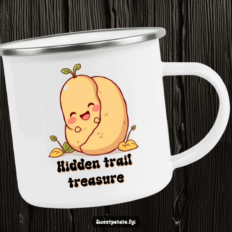 Funny sweet potato playing hide-and-seek behind a potato, a humorous and durable camping mug.
