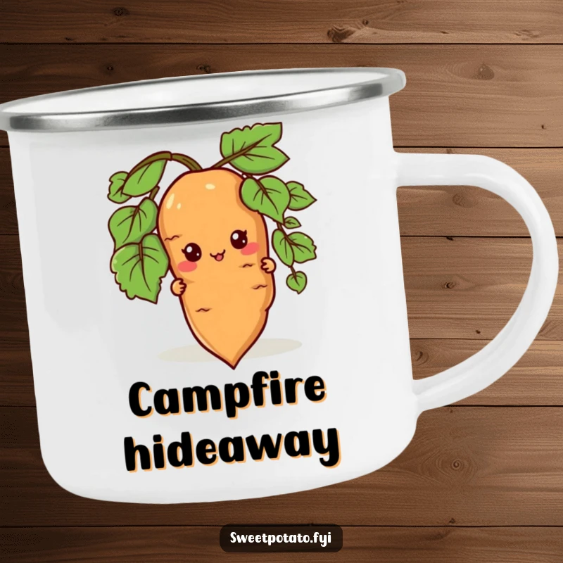 Funny camping mug featuring a sweet potato character peeking from behind a root, perfect for outdoor adventures and sneaky humor.