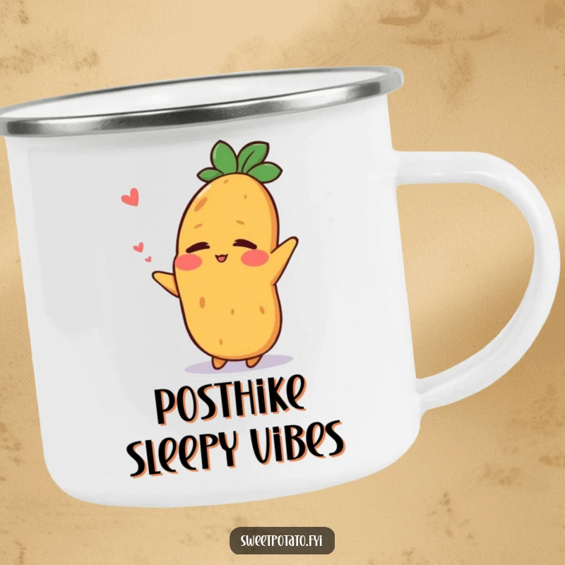 Funny camping mug with a sweet potato character stretching with a relieved smile after a nap, perfect for relaxed campers.