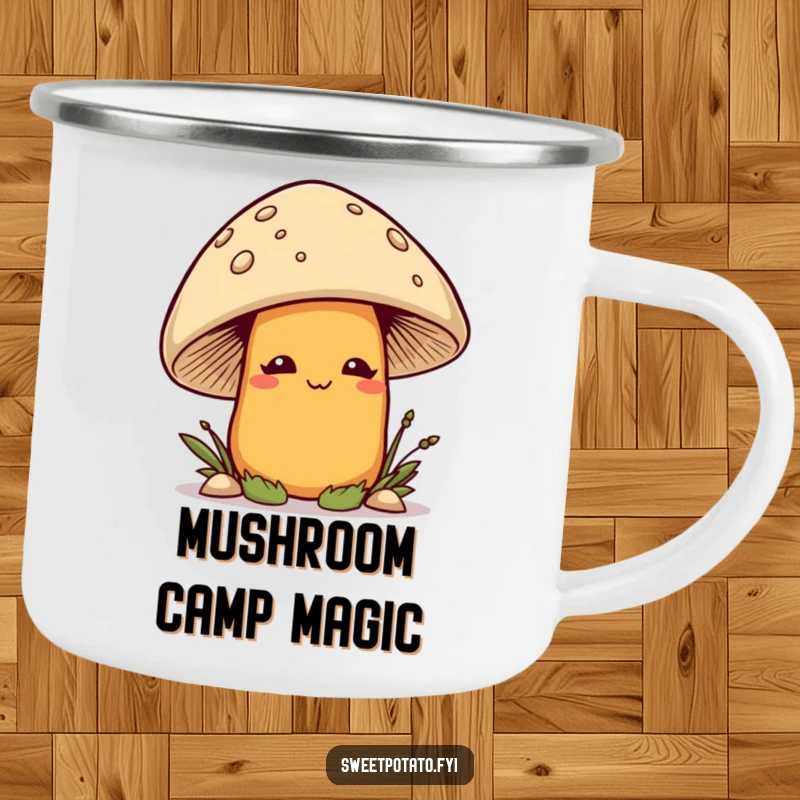 Funny smirking sweet potato character playfully peeking out from behind a mushroom, on a durable and humorous camping mug.