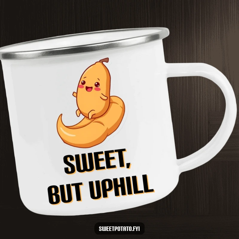 Funny camping mug featuring a cheerful sweet potato character happily rolling up a giant caramel swirl, perfect for hot beverages and outdoor fun.