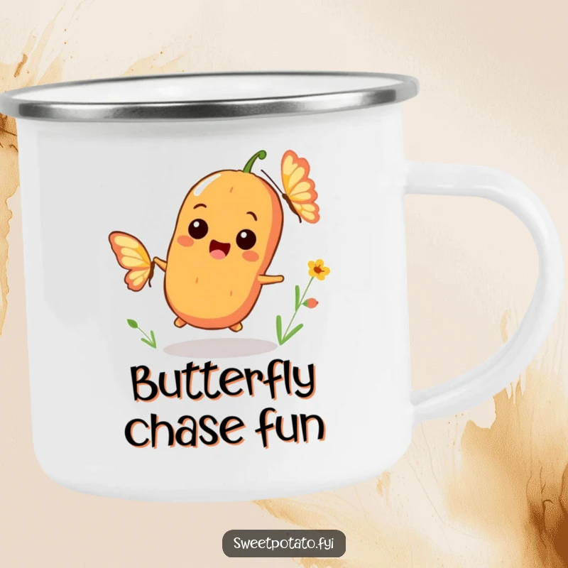 Funny camping mug featuring a playful sweet potato character chasing a fluttering butterfly with a big smile during an outdoor escapade.