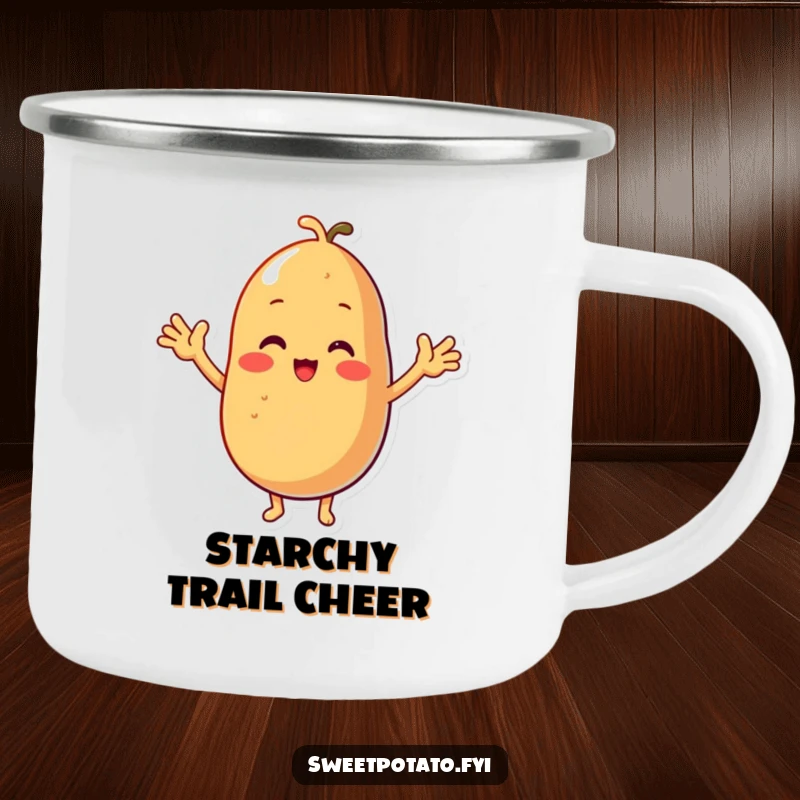Funny camping mug featuring a resilient sweet potato character with tiny arms, cheering with enthusiasm during outdoor activities.