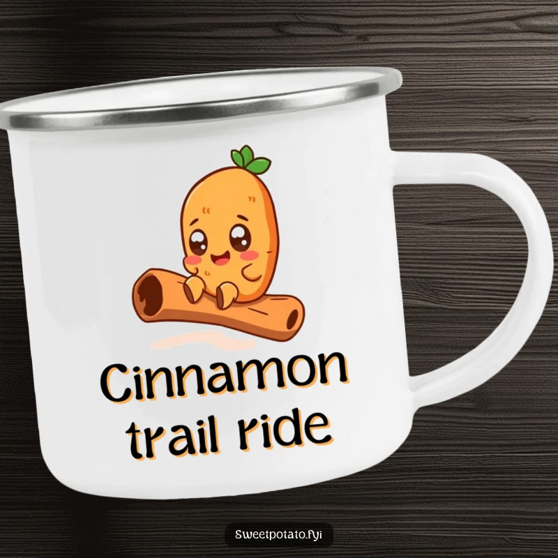 Funny camping mug with a wide-eyed sweet potato character joyfully sliding down a giant cinnamon stick, perfect for outdoor adventures and spicy drinks.