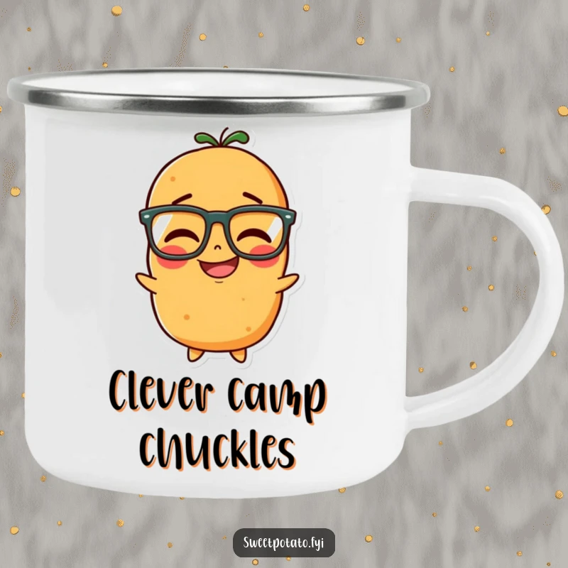 Funny camping mug showcasing a sweet potato character with glasses, giggling cheerfully during an outdoor excursion.