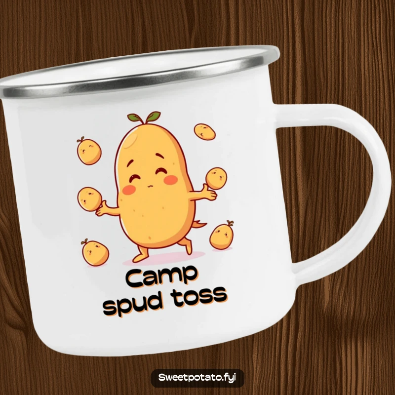 Funny camping mug: A sweet potato character joyfully juggles small potatoes with a wide grin, embodying outdoor fun and playful spirit.