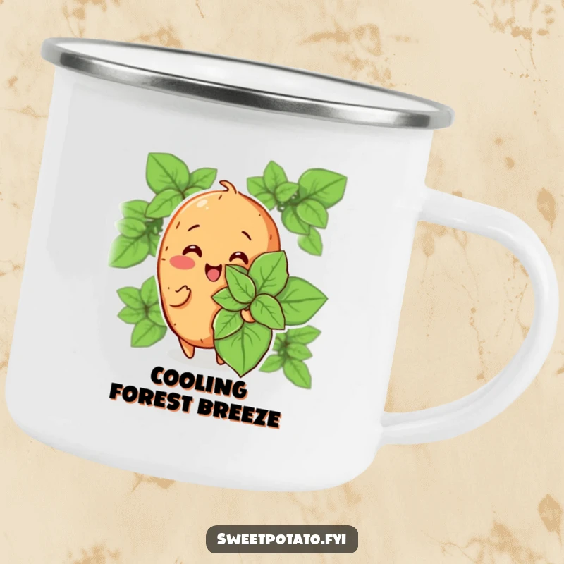Funny camping mug with a cheerful sweet potato character fanning itself with a large mint leaf, perfect for cool drinks and outdoor chill.