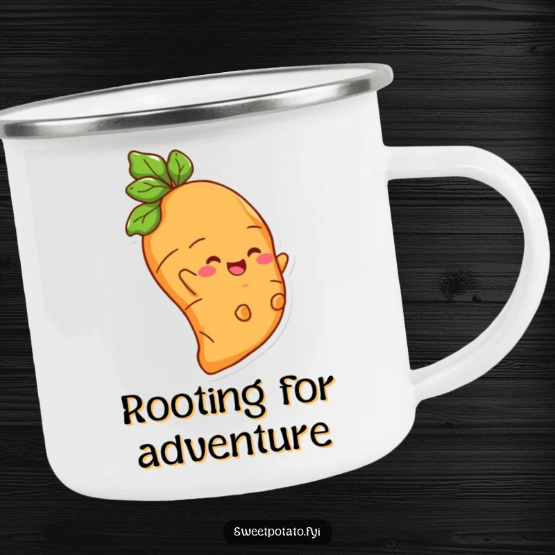 Funny camping mug showing a delighted sweet potato character sliding down a root, ready for any adventure.
