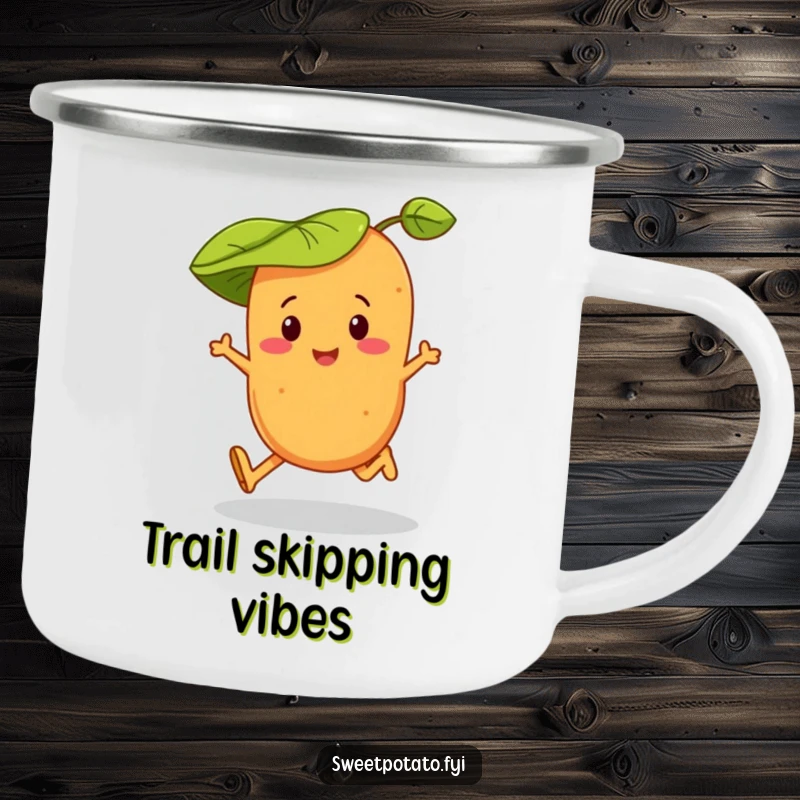 Funny camping mug featuring a sweet potato character in a leaf hat, skipping happily on an outdoor adventure trek.