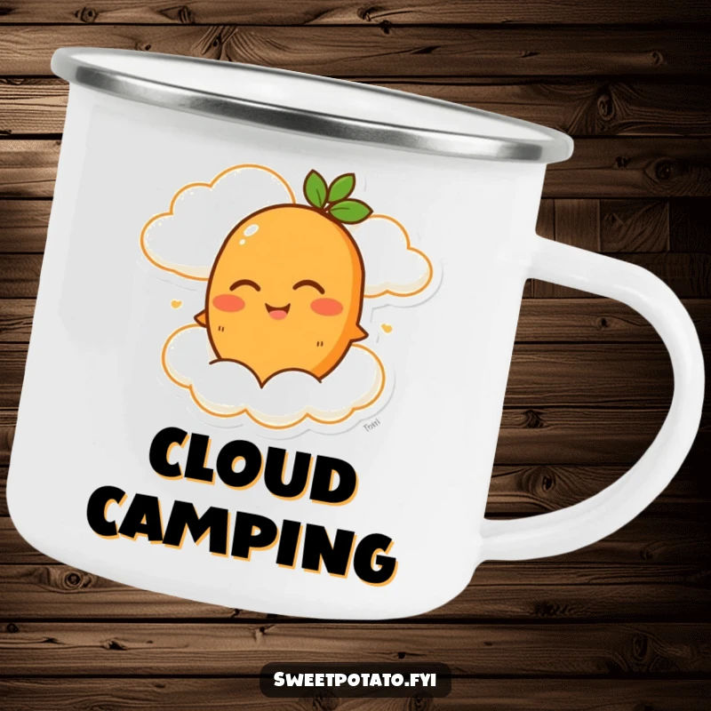 Funny camping mug with a winking sweet potato character riding a happy cloud, perfect for enjoying beverages outdoors.