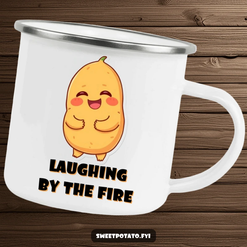 Funny giggling sweet potato camping mug, a sturdy enamel cup with a cartoon sweet potato holding its tummy and laughing, perfect for outdoor trips.