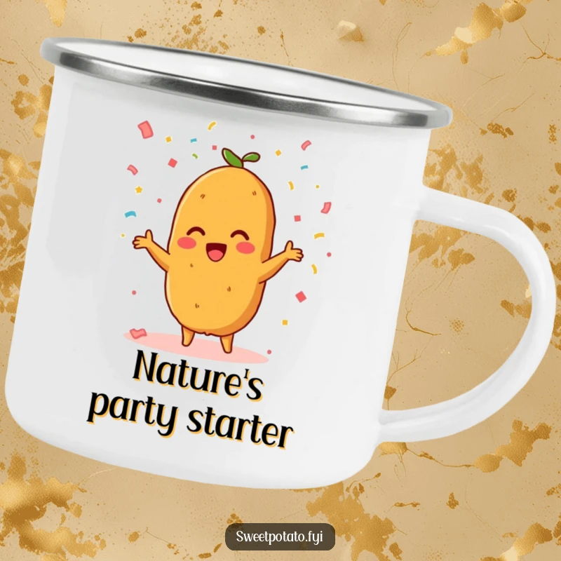 Funny camping mug featuring a beaming sweet potato character throwing colorful confetti, ready for outdoor festivities.