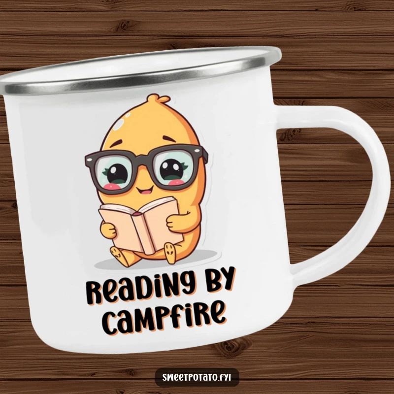 Funny camping mug showing a giggling sweet potato character in oversized glasses, reading a book in nature.