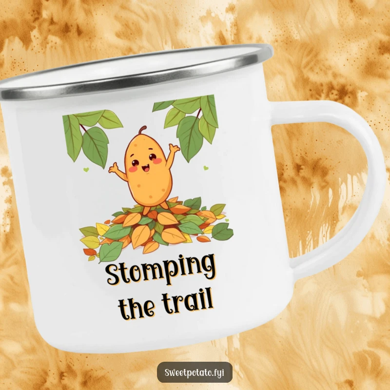 Funny cheerful sweet potato character happily dancing on a pile of leaves, on a durable and humorous camping mug.