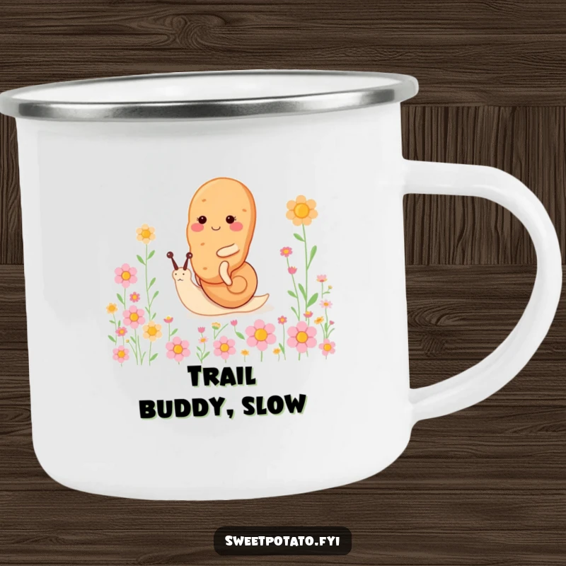 Funny sweet potato character camping mug, riding a tiny, happy snail through a field of flowers, durable and perfect for outdoor tranquility.