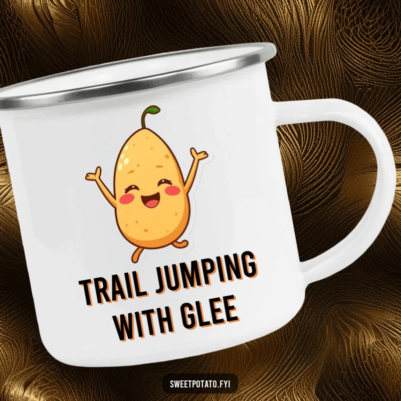 Funny camping mug with a sweet potato character joyfully jumping, perfect for happy campers and adventurers.
