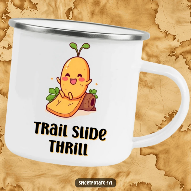 Funny camping mug featuring a cheerful sweet potato character sliding down a yam slide, embodying outdoor fun.