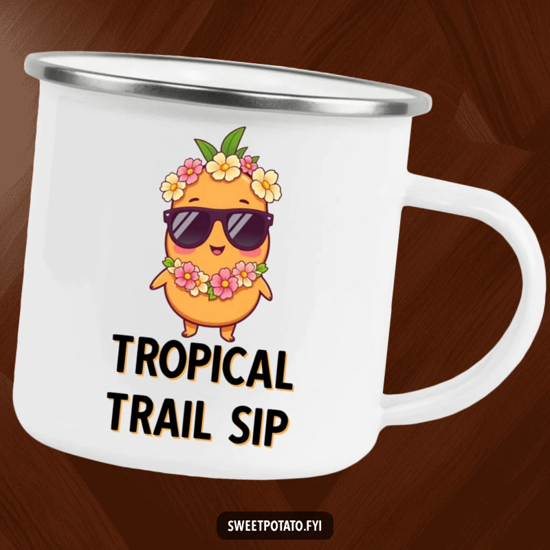 Funny camping mug: A sweet potato character in sunglasses and a lei embodies a relaxed vacation spirit, perfect for outdoor enjoyment.