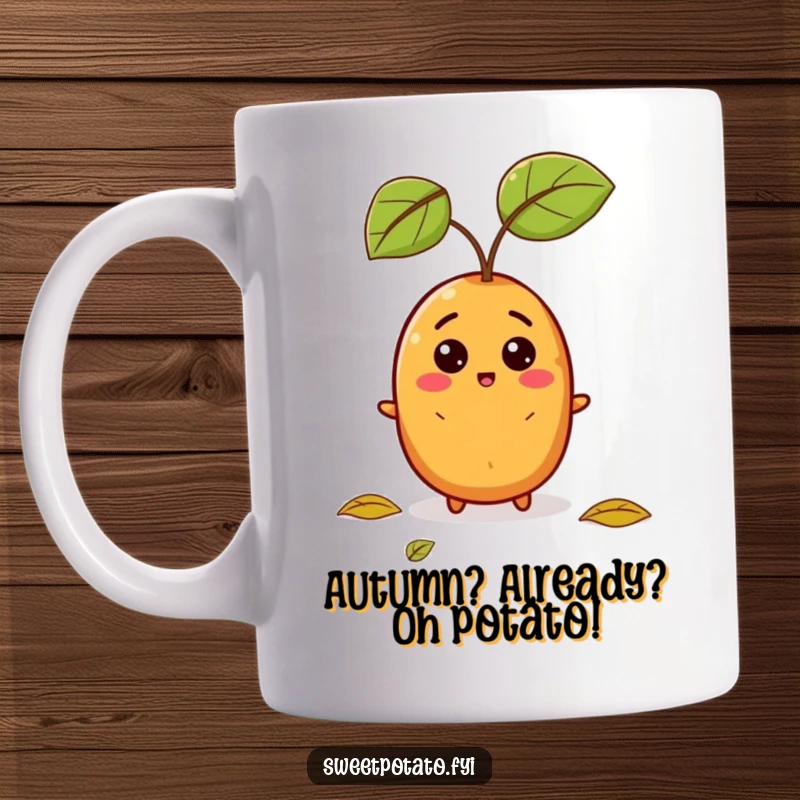 Funny mug featuring a sweet potato with a hilariously surprised expression as a leaf falls, perfect for autumn lovers.
