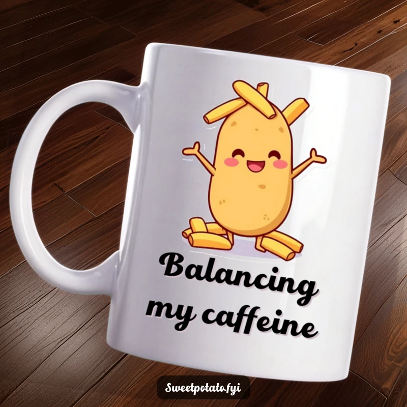 Funny grinning sweet potato character expertly balancing a tall pile of potato wedges, humorous mug.