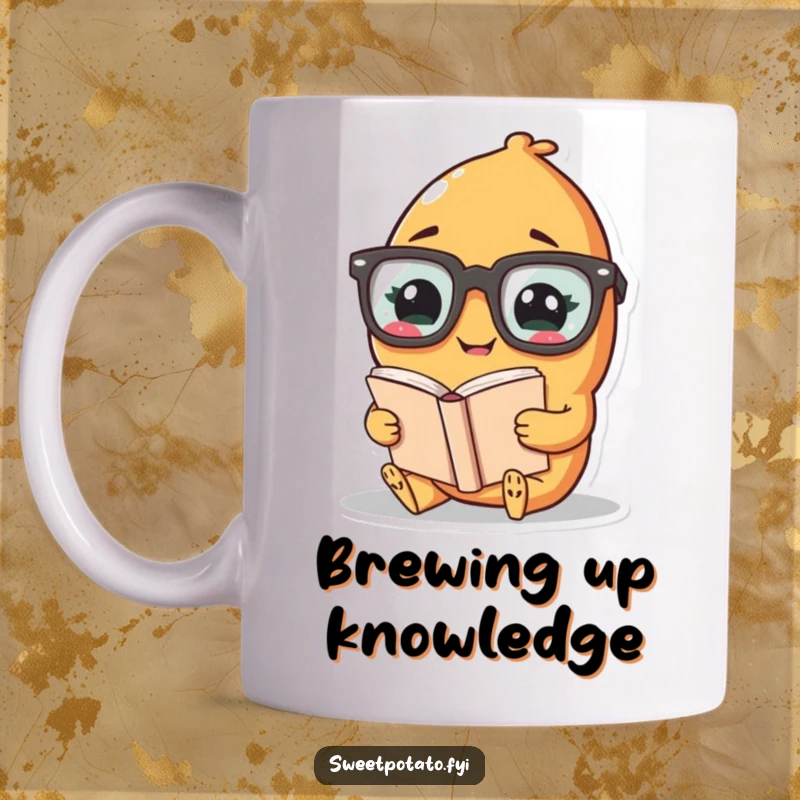 Funny mug featuring a giggling sweet potato character wearing oversized glasses, engrossed in reading a book.