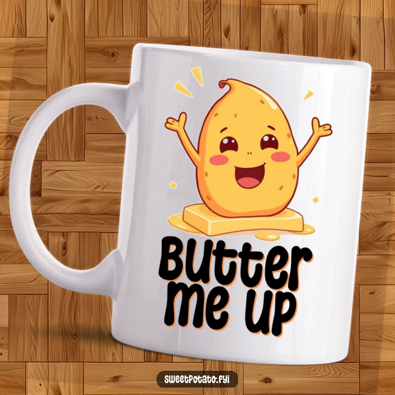 Funny mug featuring an excited cartoon sweet potato character gleefully sliding on a slick pat of butter, embracing the chaos.