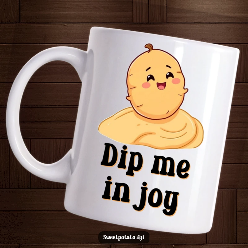 Funny mug showing a happy sweet potato character blissfully rolling down a hummus slope, full of pure delight.