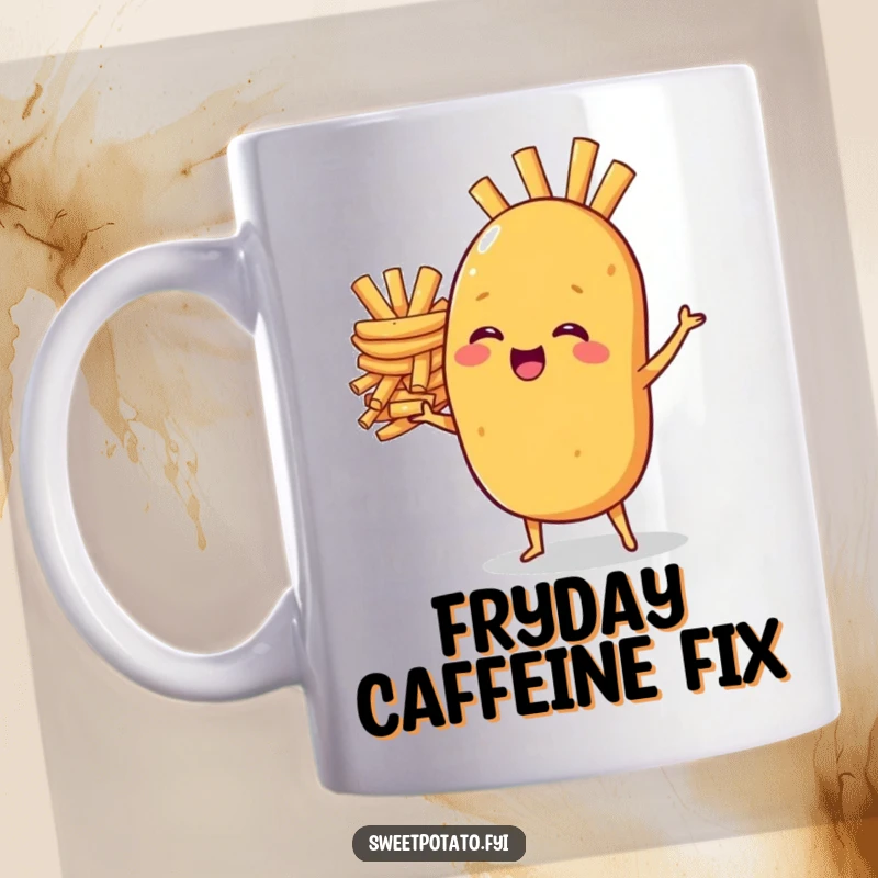 Funny mug: A sweet potato character giggles uncontrollably while expertly balancing a tall stack of golden french fries.