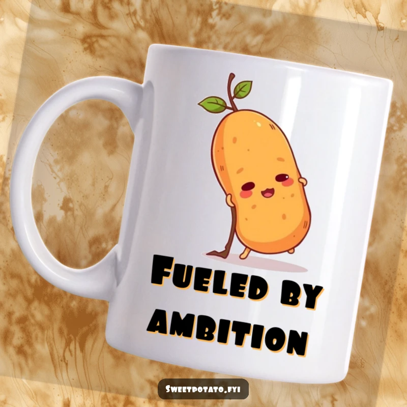 Funny sweet potato mug showing a determined spud bravely climbing a small twig with immense effort. Motivational and humorous art.