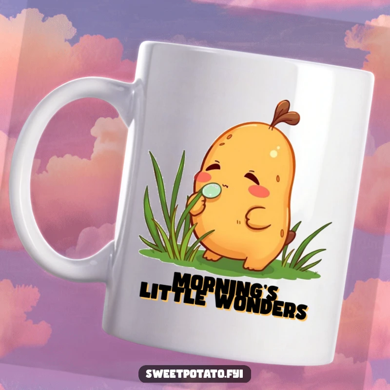 Funny mug showing a curious sweet potato character intently sniffing a single dewdrop on a blade of grass, showcasing focus.