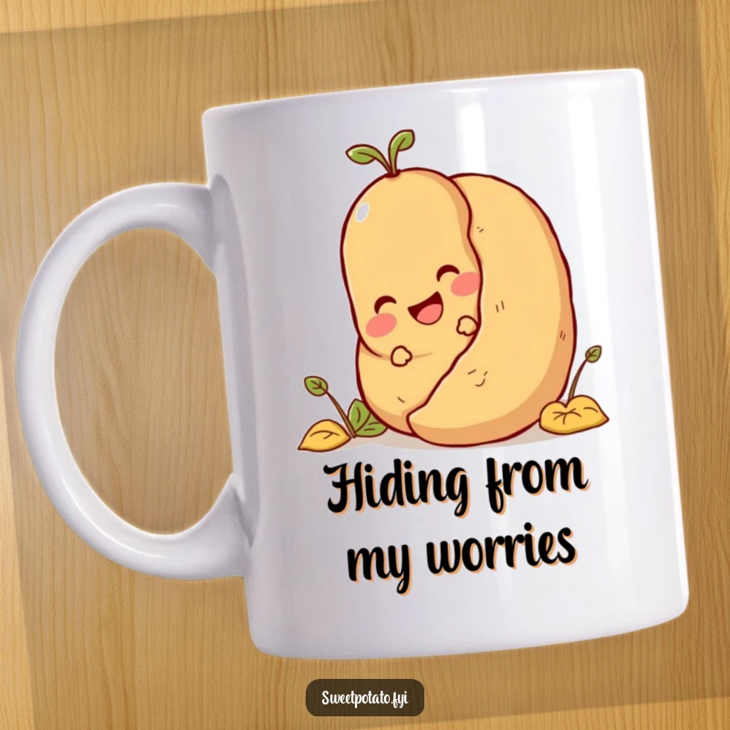 Funny delighted sweet potato character peeking from behind a large potato, playing hide-and-seek, humorous mug.