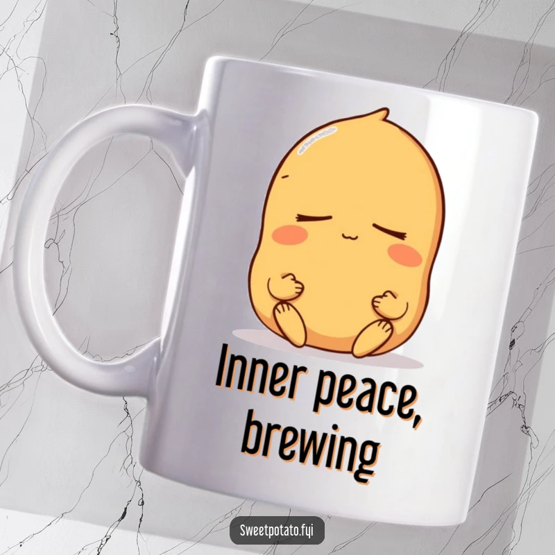 Funny sweet potato mug featuring a peaceful character meditating with eyes closed, radiating calmness and inner bliss.