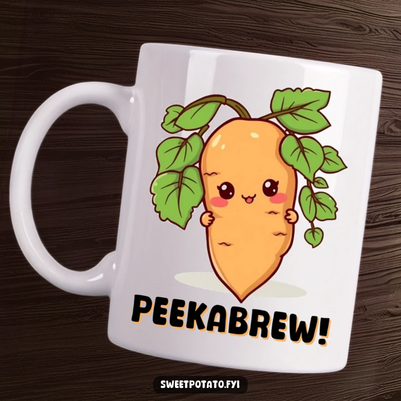 Funny mug featuring a sweet potato character playfully peeking from behind a root, exuding a curious and mischievous vibe.