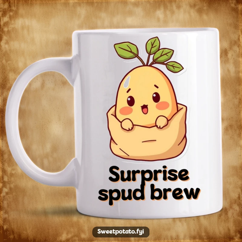 Funny Surprised Sweet Potato Mug featuring a sweet potato character with wide eyes, peeking out from a burlap sack with shock.