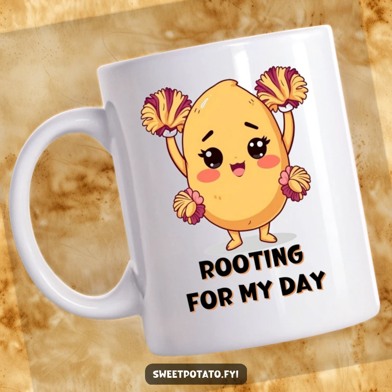 Funny sweet potato mug featuring a determined character enthusiastically cheering with pom-poms, full of athletic spirit and drive.
