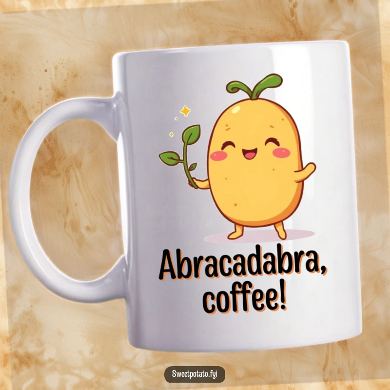 Funny mug showing a pleased sweet potato character holding a sprout, making magic happen with an astonished look.
