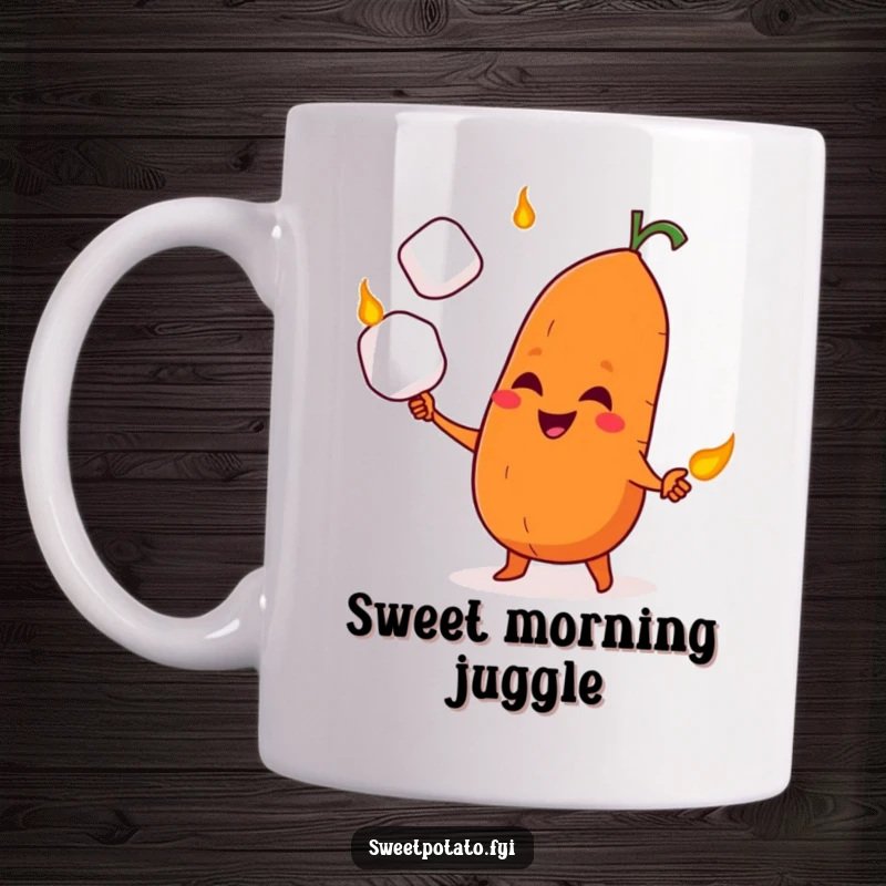 Funny mug showing a sweet potato character with a mischievous grin, skillfully juggling three roasted marshmallows.