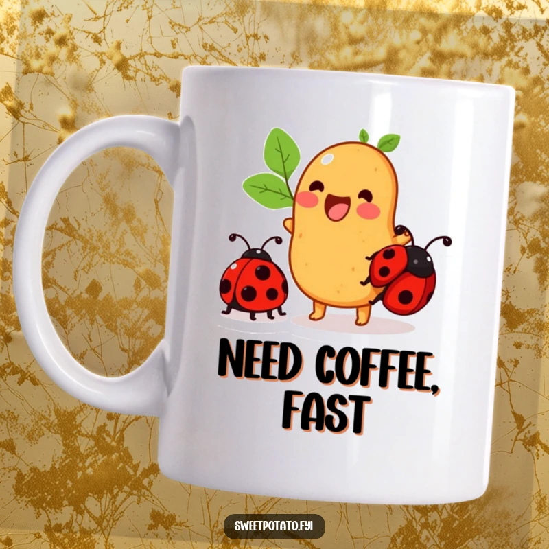 Funny sweet potato mug featuring a character excitedly trying to ride a ladybug, creating a comical duo.