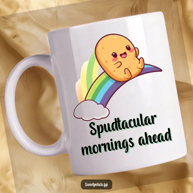 Funny mug featuring a joyful sweet potato character playfully sliding down a vibrant rainbow, spreading cheer and laughter.