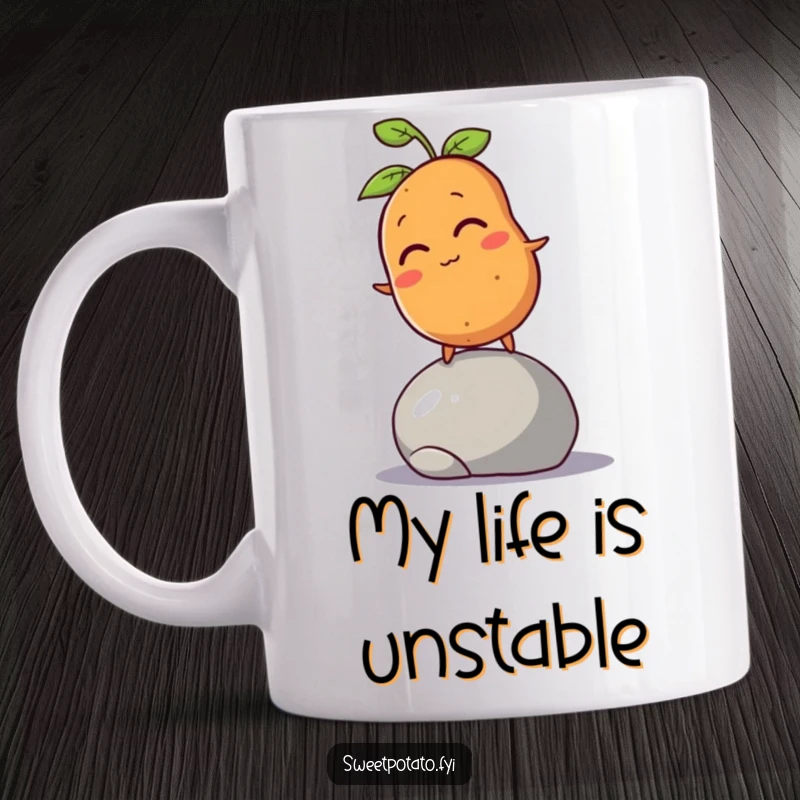 Funny sweet potato character winking and struggling to balance on a rolling pebble, depicted on a ceramic mug.