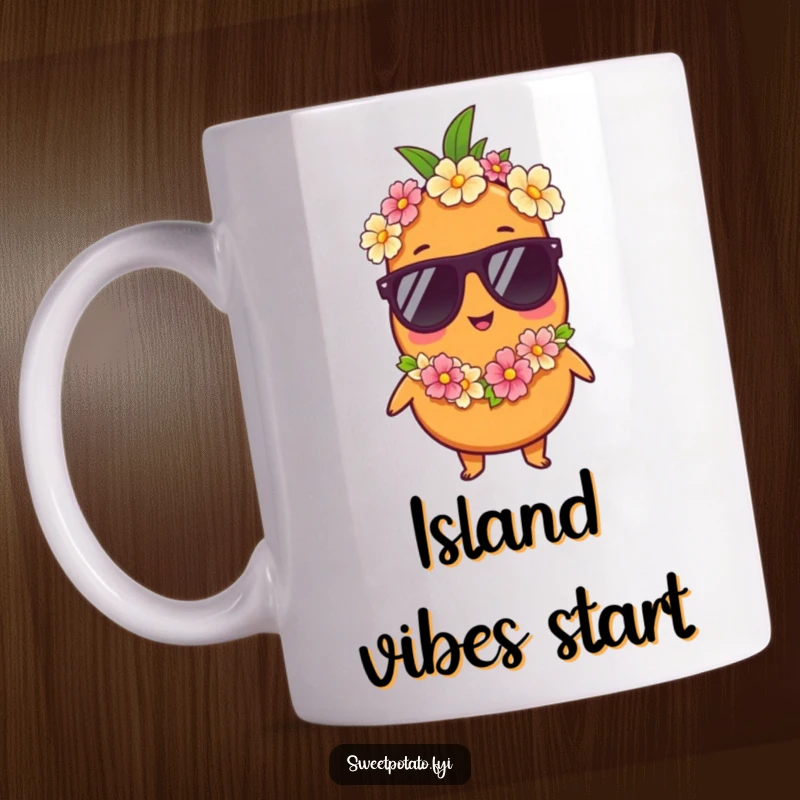 Funny mug: A sweet potato character relaxes in vacation style, wearing sunglasses and a colorful lei, embodying pure holiday bliss.