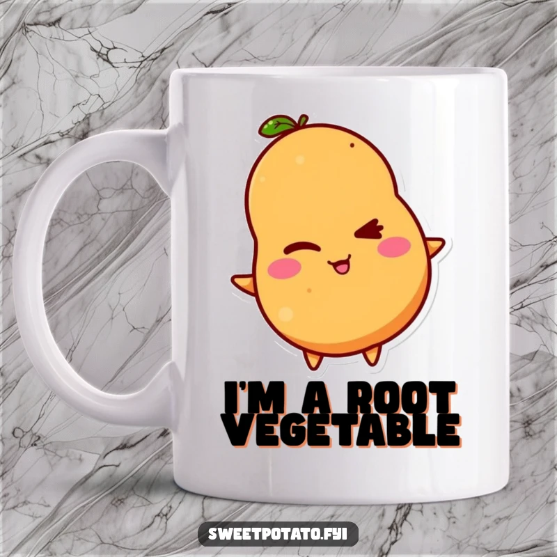 Funny mug featuring a sweet potato character winking with a playful, mischievous grin, perfect for a hearty laugh.