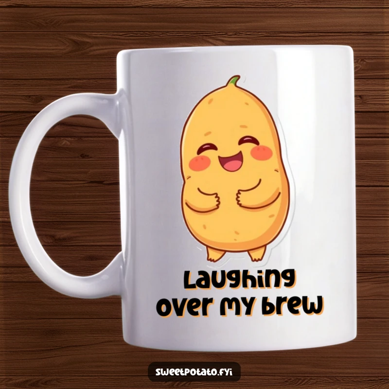 Funny giggling sweet potato mug, a cartoon sweet potato holding its tummy and laughing uncontrollably, showcasing pure comedic joy.