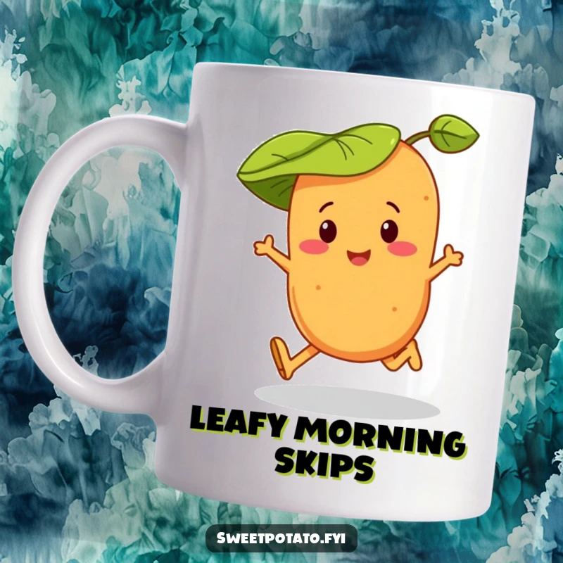 Funny mug showcasing a happy sweet potato character wearing a charming leaf hat and joyfully skipping along.