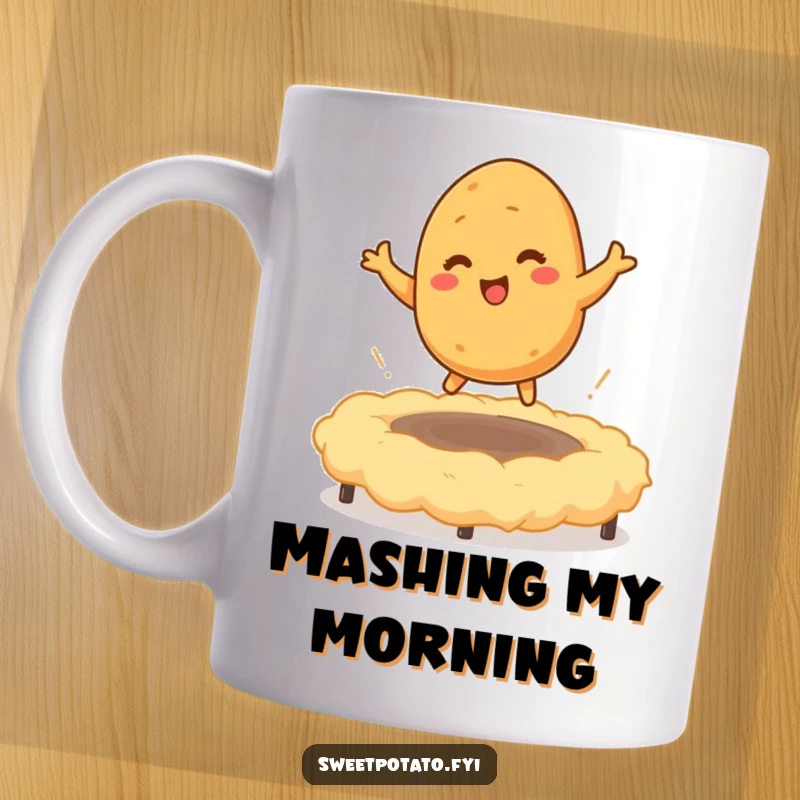 Funny mug showcasing a tickled sweet potato character happily bouncing on a fluffy trampoline of mashed potatoes, radiating pure comfort and joy.