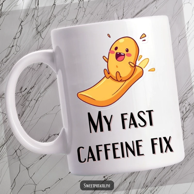 Funny excited sweet potato character zooming down a slide made of potato crisps, humorous mug.