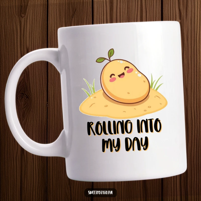 Funny sweet potato mug, a cute cartoon sweet potato happily rolling down a sandy hill, showcasing a joyful and adventurous tuber.