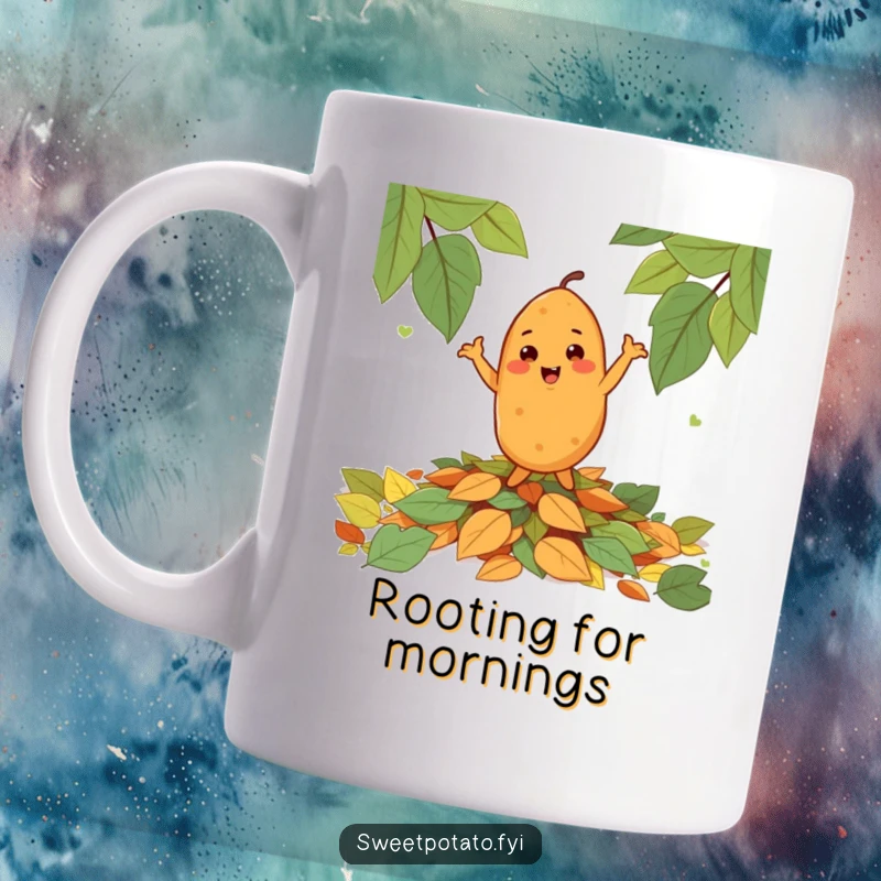 Funny cheerful sweet potato character happily dancing on a pile of colorful autumn leaves, on a humorous mug.